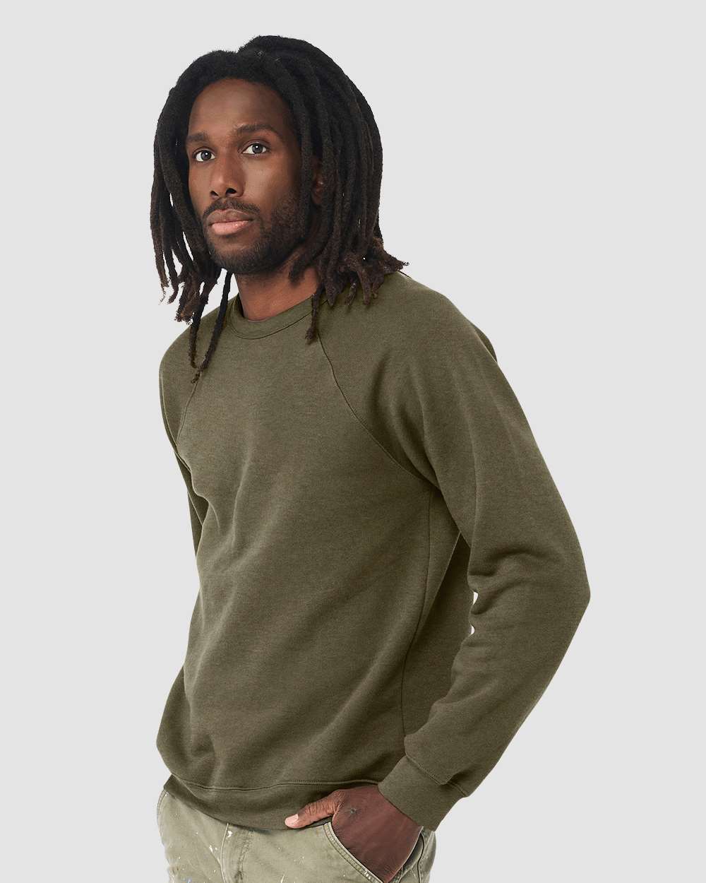 Unisex Sponge Fleece Raglan Crewneck Sweatshirt - OnModelSide - B85106032 - Heather Olive