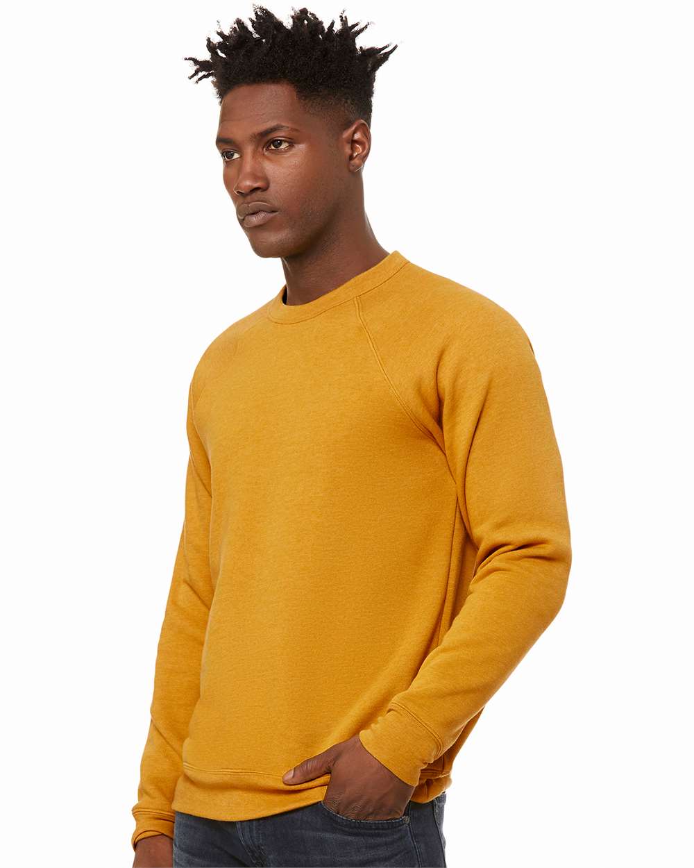 Unisex Sponge Fleece Raglan Crewneck Sweatshirt - OnModelSide - B85106402 - Heather Mustard