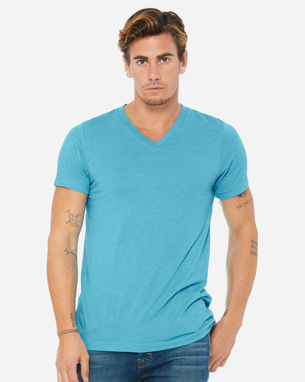 Unisex Triblend V-Neck Tee - OnModelFront - B02006052 - Aqua Triblend