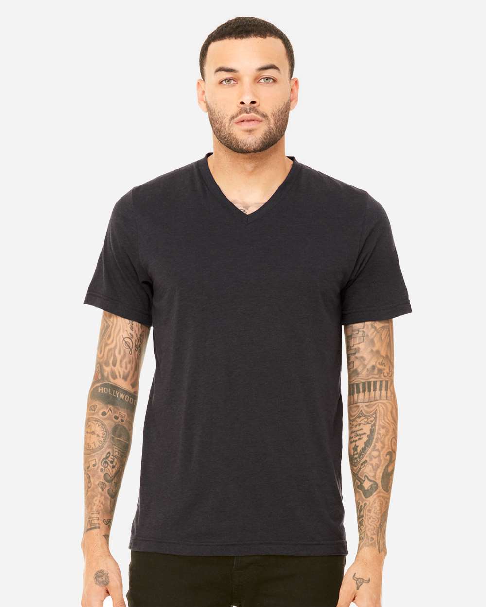 Unisex Triblend V-Neck Tee - OnModelFront - B02006202 - Solid Dark Grey Triblend
