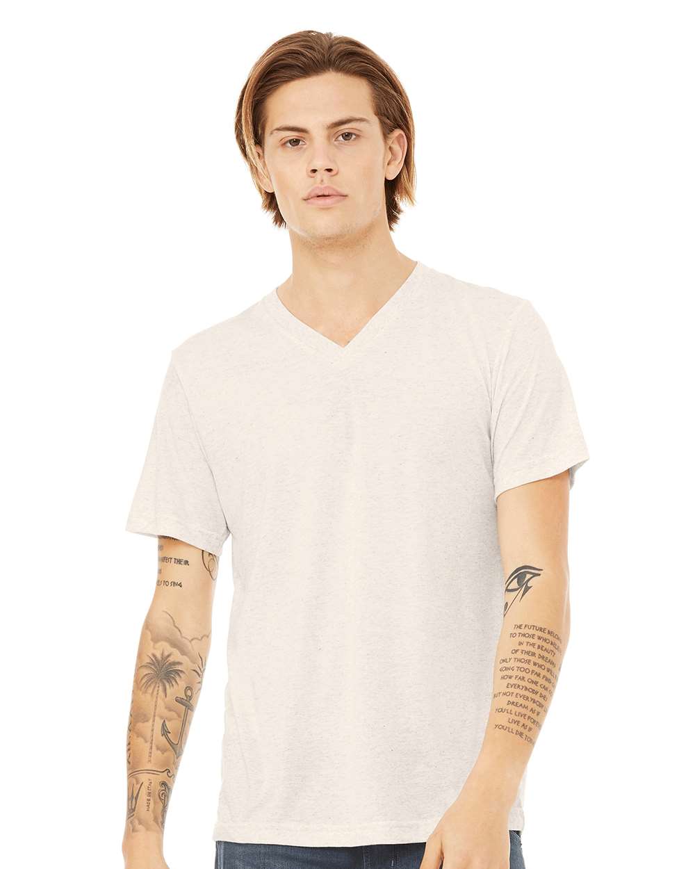 Unisex Triblend V-Neck Tee - OnModelFront - B02006242 - Oatmeal Triblend