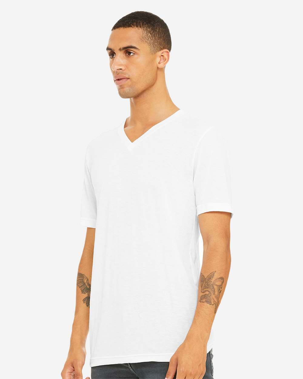 Unisex Triblend V-Neck Tee - OnModelSide - B02006012 - Solid White Triblend