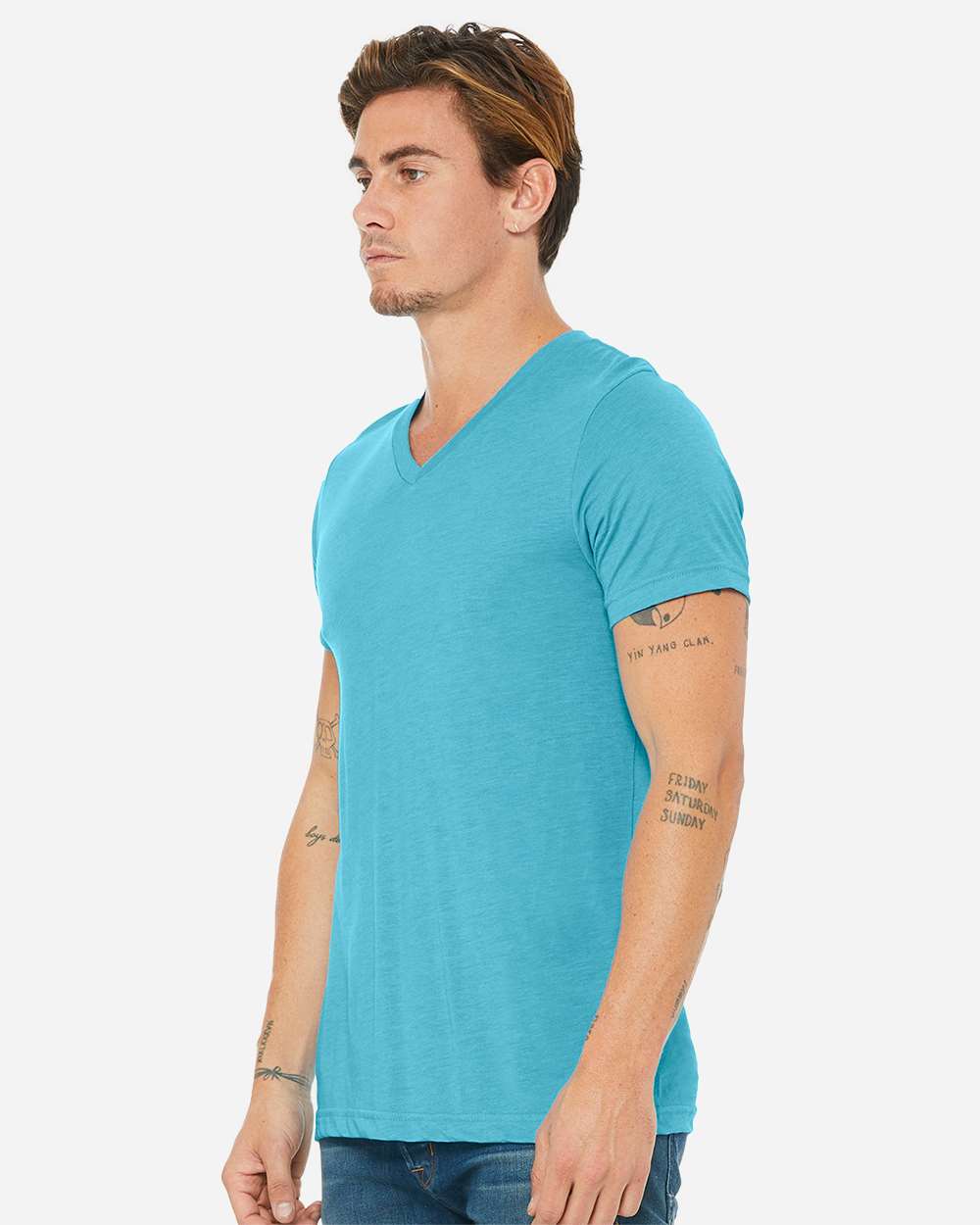 Unisex Triblend V-Neck Tee - OnModelSide - B02006052 - Aqua Triblend