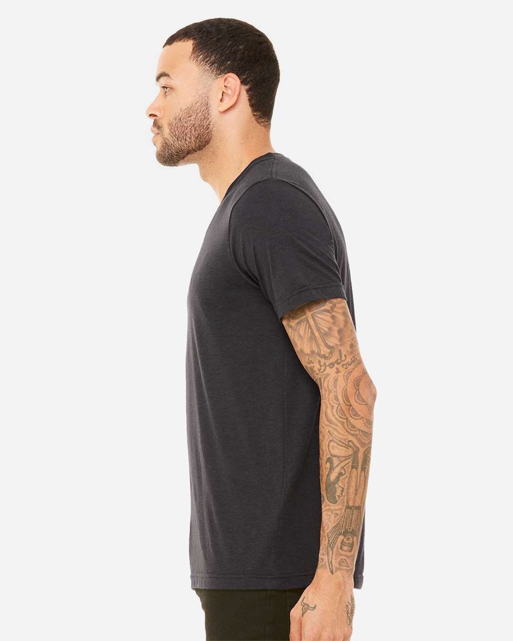 Unisex Triblend V-Neck Tee - OnModelSide - B02006202 - Solid Dark Grey Triblend