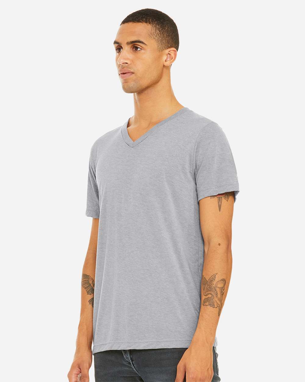 Unisex Triblend V-Neck Tee - OnModelSide - B02006352 - Athletic Grey Triblend