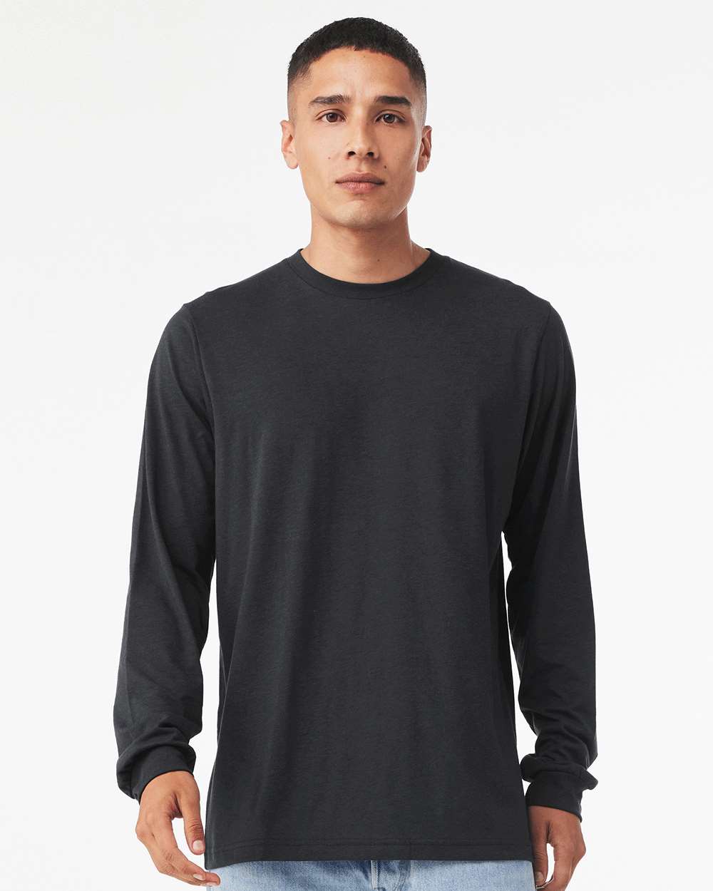 Unisex Triblend Long Sleeve Tee - OnModelFront - B11606592 - Solid Dark Grey Triblend