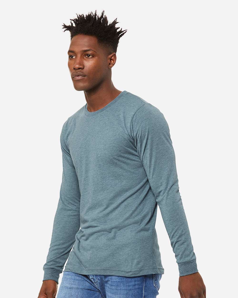 Unisex Triblend Long Sleeve Tee - OnModelSide - B11606252 - Denim Triblend
