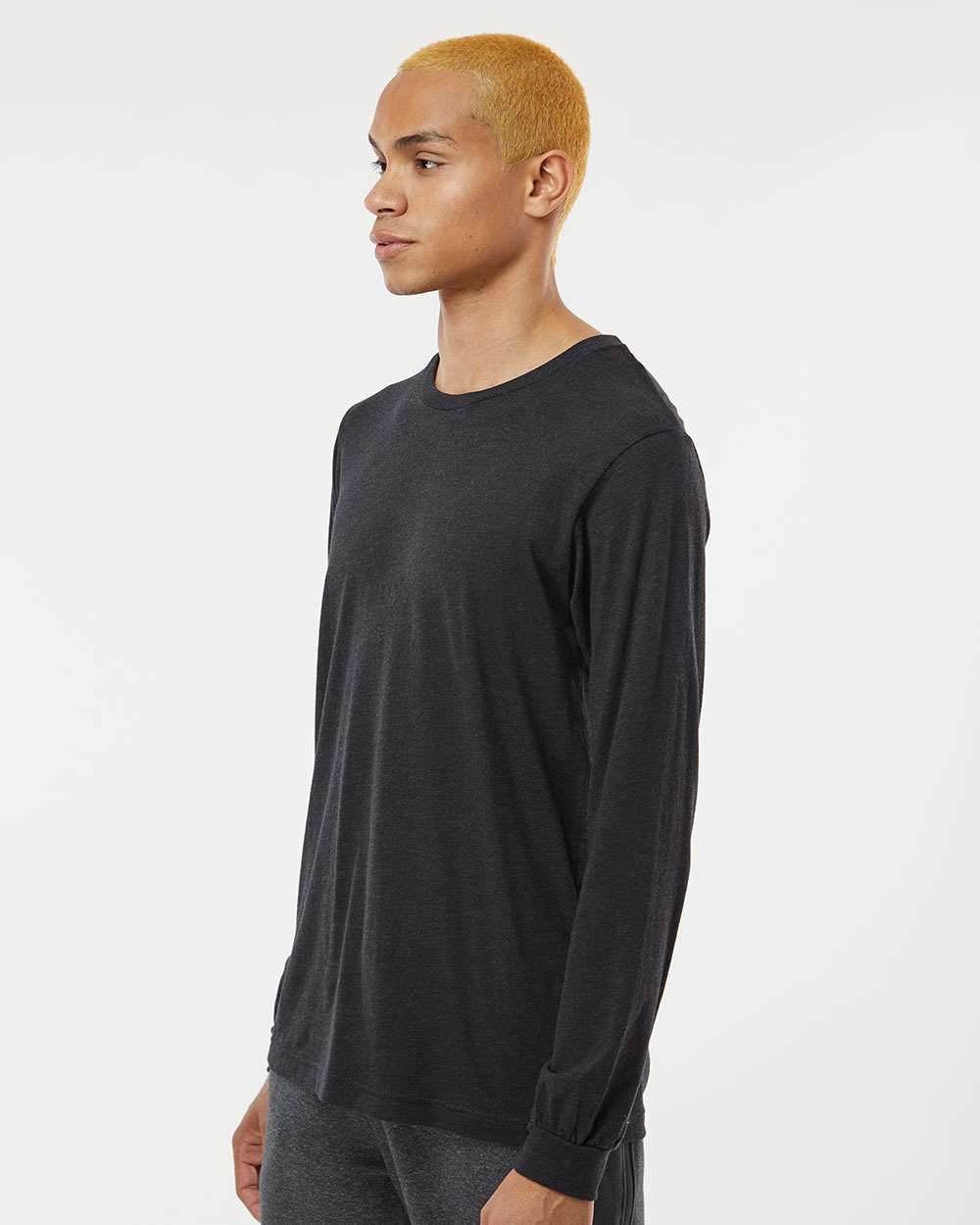 Unisex Triblend Long Sleeve Tee - OnModelSide - B11606512 - Black Heather Triblend