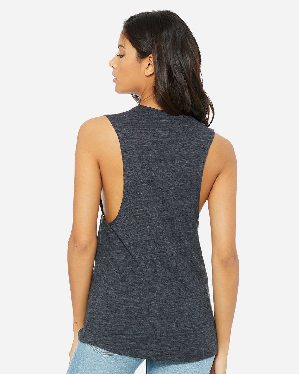 Women's Flowy Scoop Muscle Tank - OnModelBack - B55806523 - Charcoal Black Slub