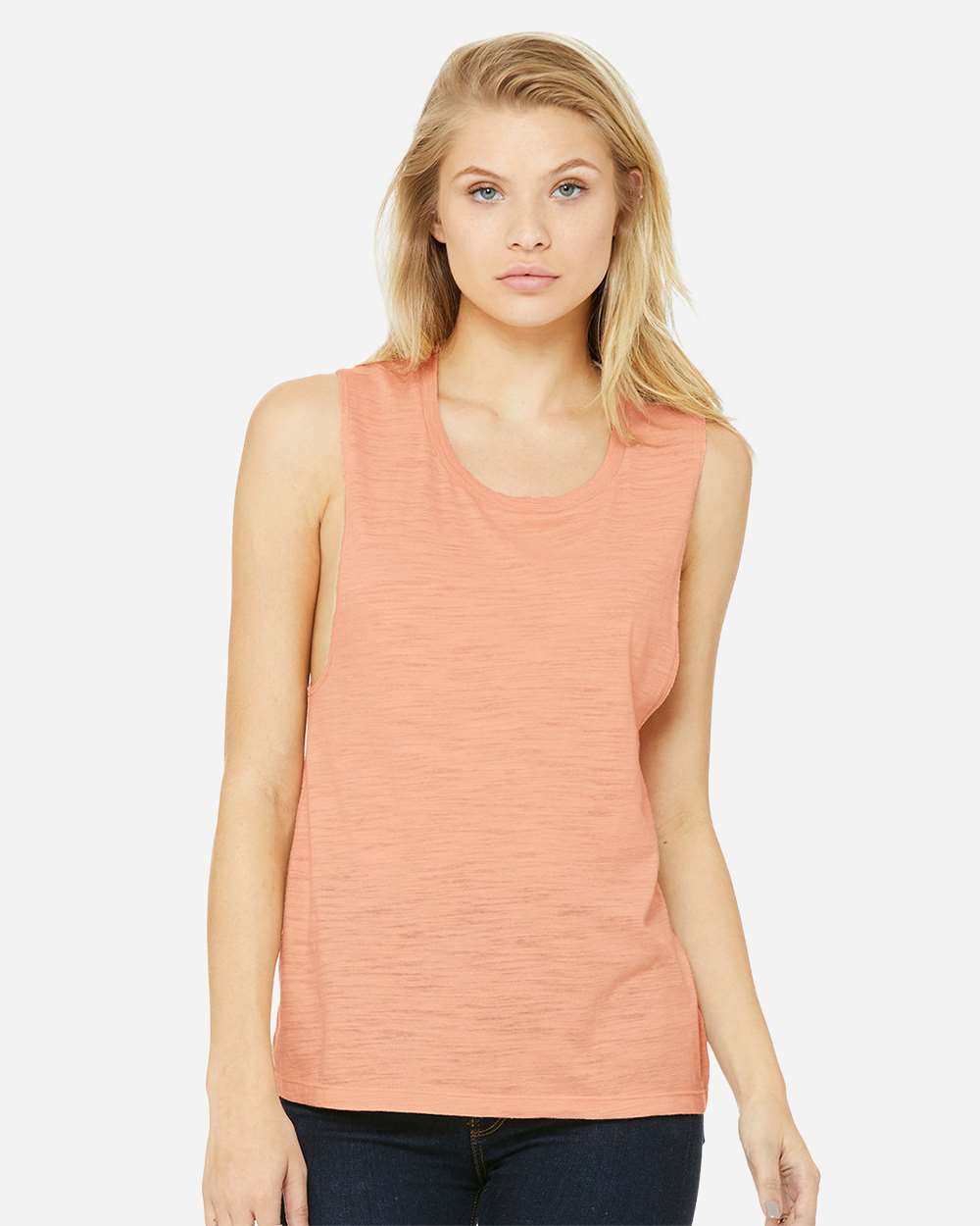Women's Flowy Scoop Muscle Tank - OnModelFront - B55806343 - Peach Slub