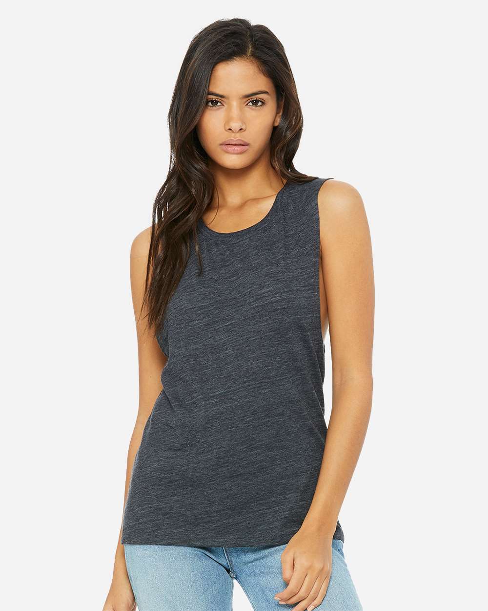 Women's Flowy Scoop Muscle Tank - OnModelFront - B55806523 - Charcoal Black Slub