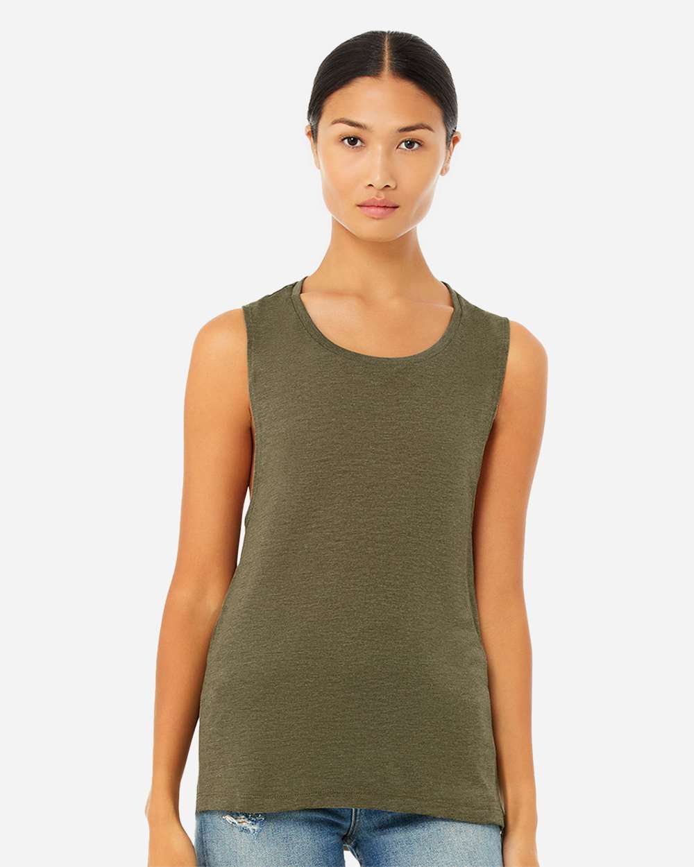 Women's Flowy Scoop Muscle Tank - OnModelFront - B55806603 - Heather Olive