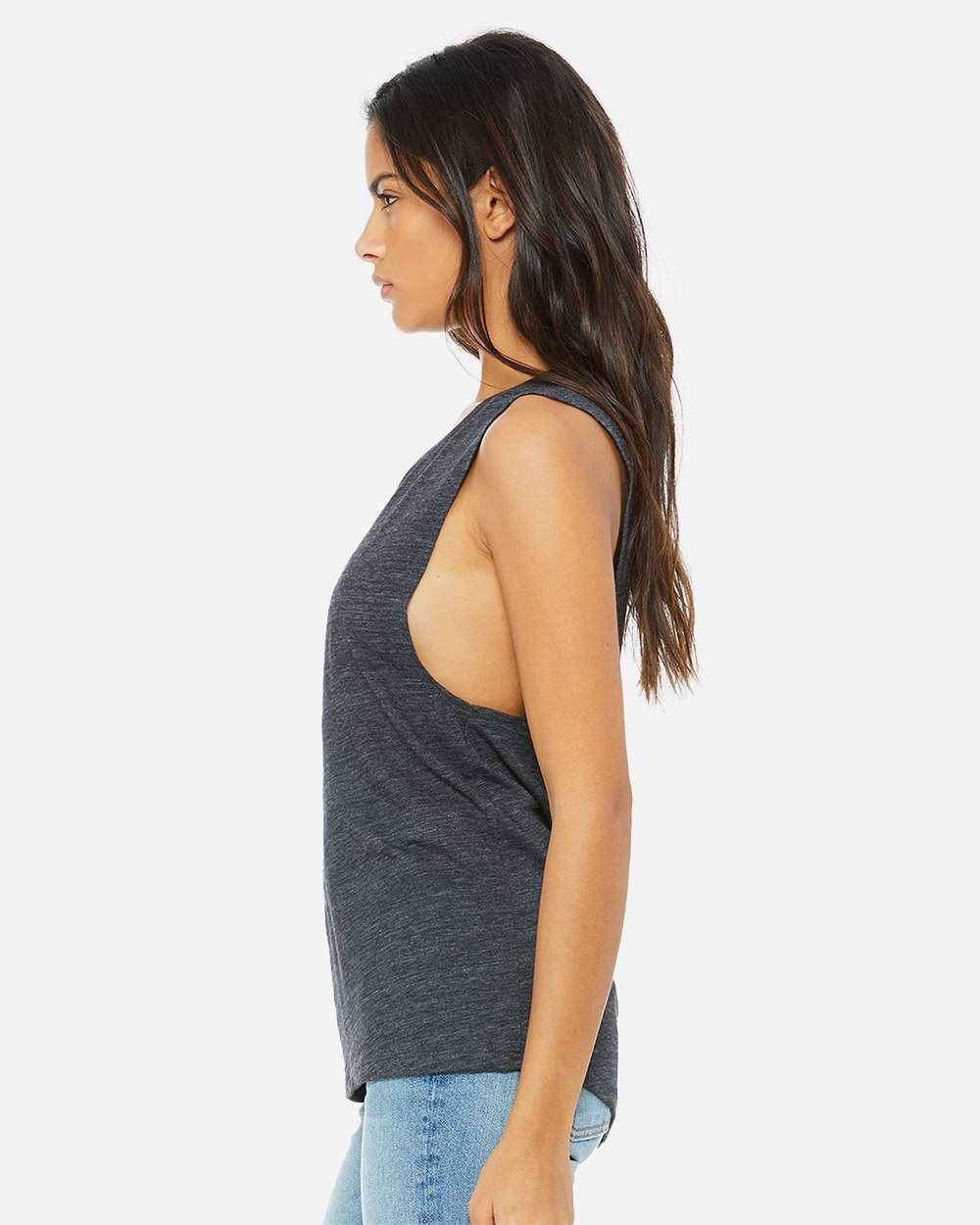 Women's Flowy Scoop Muscle Tank - OnModelSide - B55806523 - Charcoal Black Slub