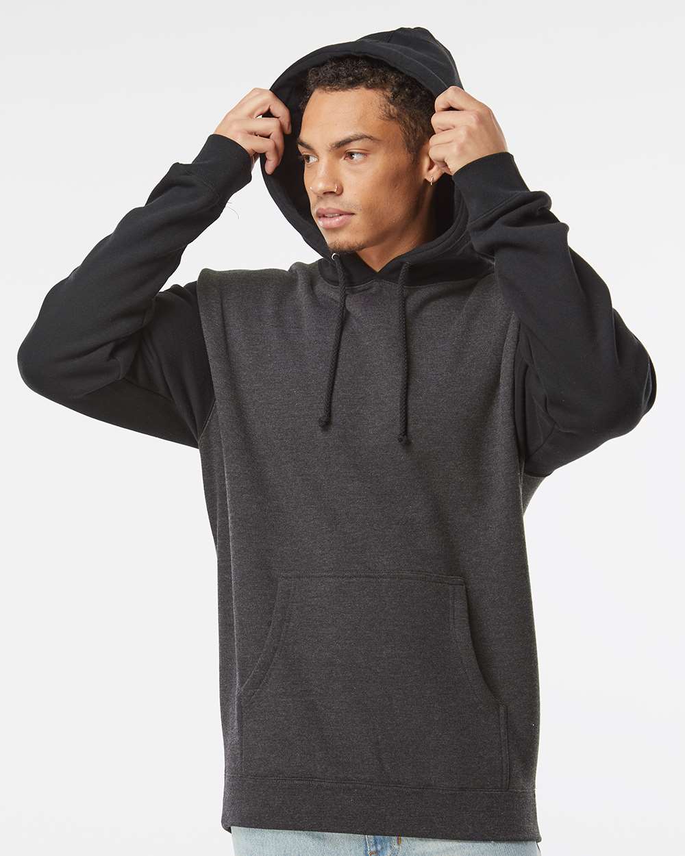 Unisex Heavyweight Hooded Sweatshirt - OnModelFront - B22276112 - Charcoal Heather/ Black