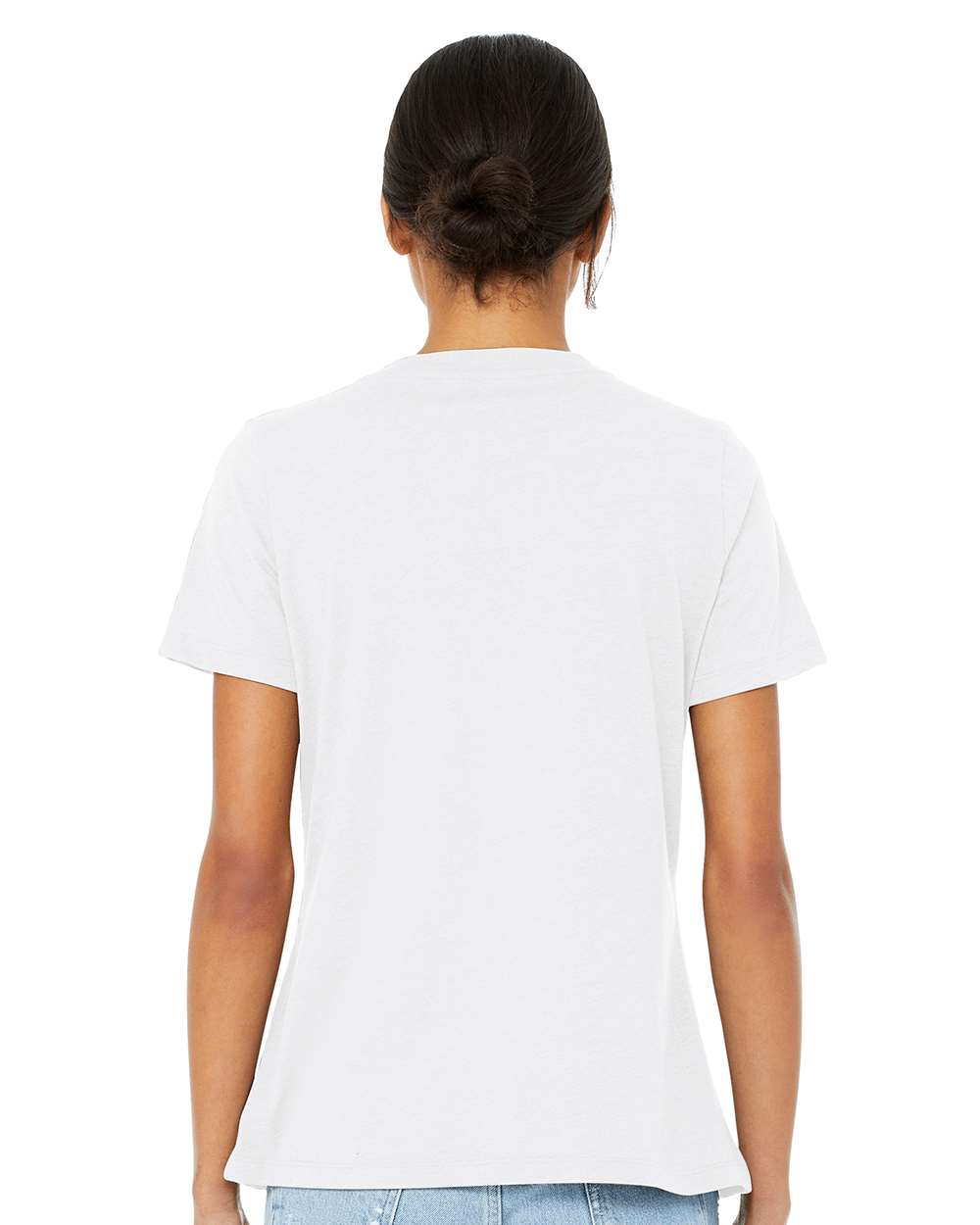 Women's Relaxed Heather CVC V-Neck Tee - OnModelBack - B83006013 - Solid White Blend
