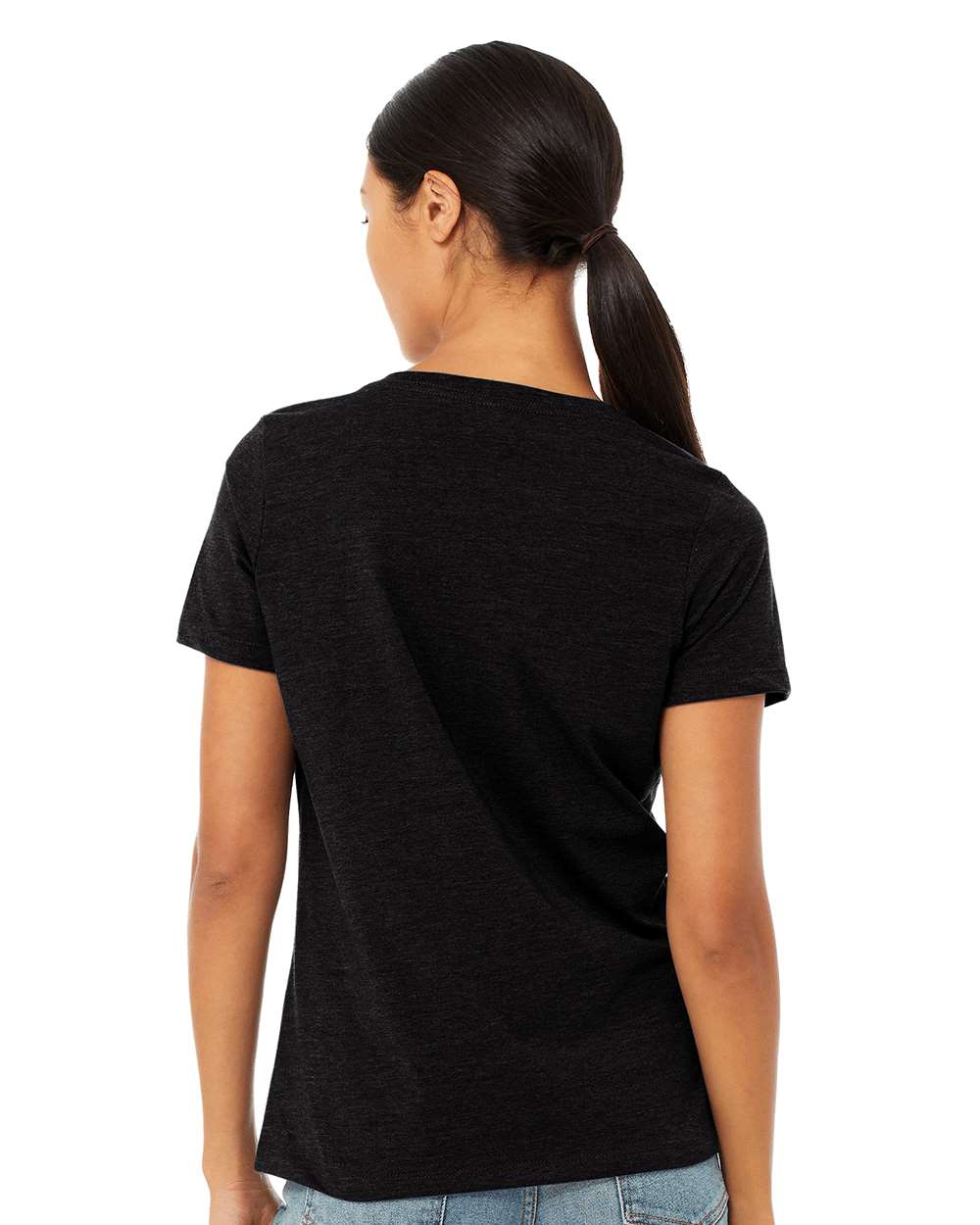 Women's Relaxed Heather CVC V-Neck Tee - OnModelBack - B83006513 - Solid Black Blend