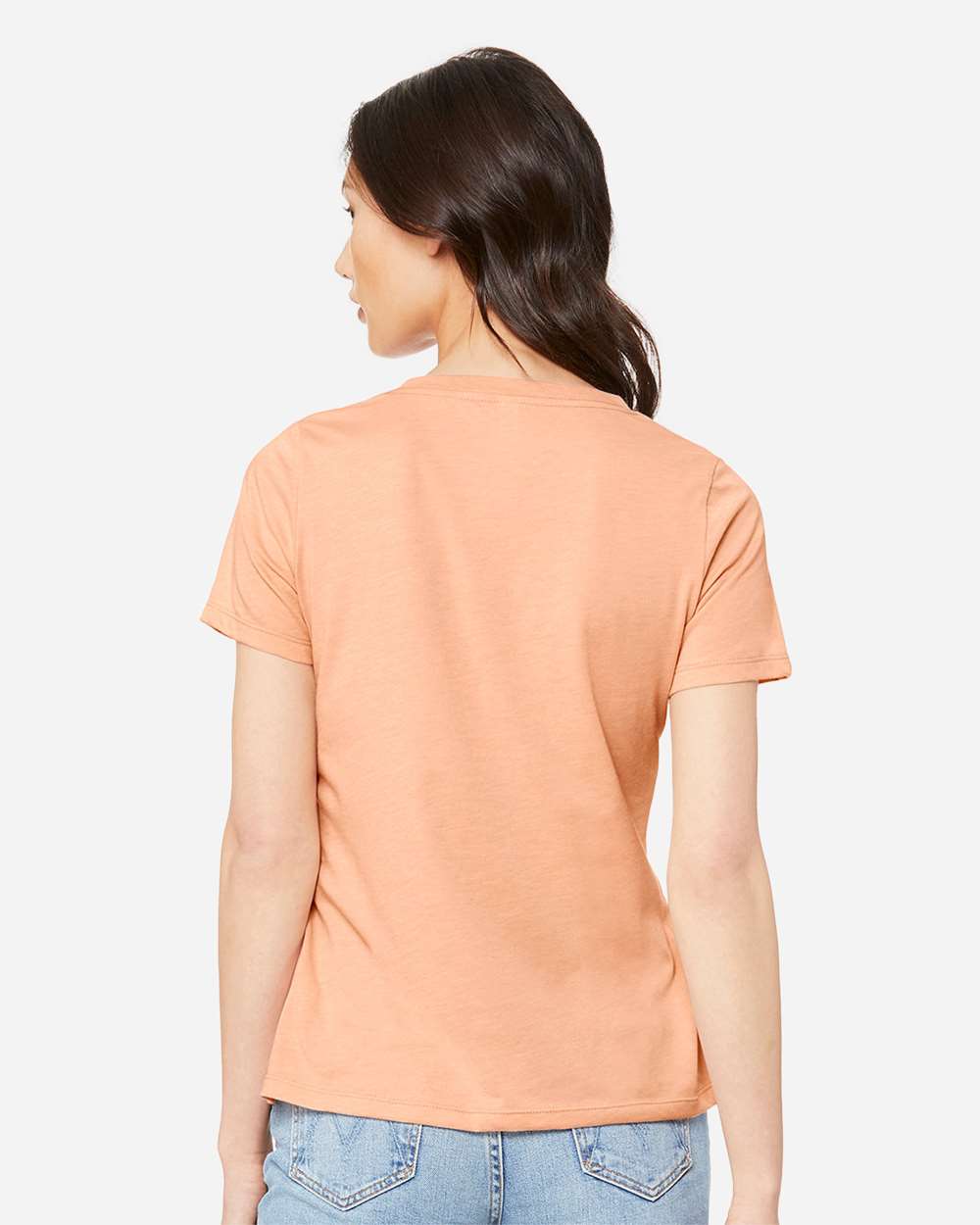 Women's Relaxed Heather CVC V-Neck Tee - OnModelBack - B83006673 - Heather Peach