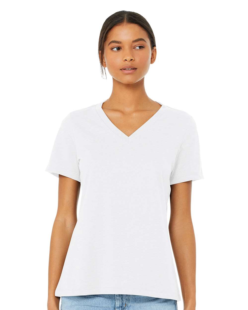 Women's Relaxed Heather CVC V-Neck Tee - OnModelFront - B83006013 - Solid White Blend