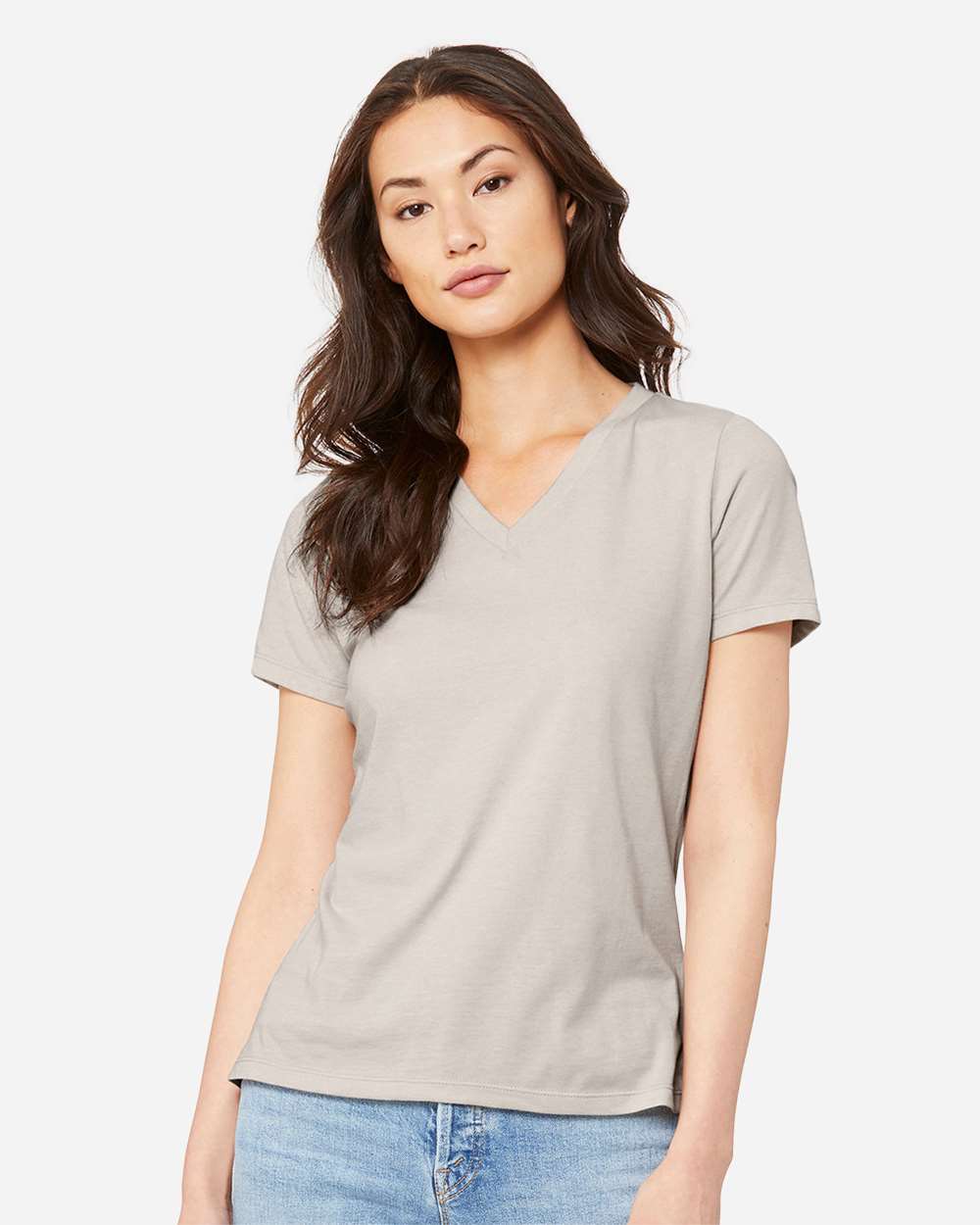 Women's Relaxed Heather CVC V-Neck Tee - OnModelFront - B83006253 - Heather Dust