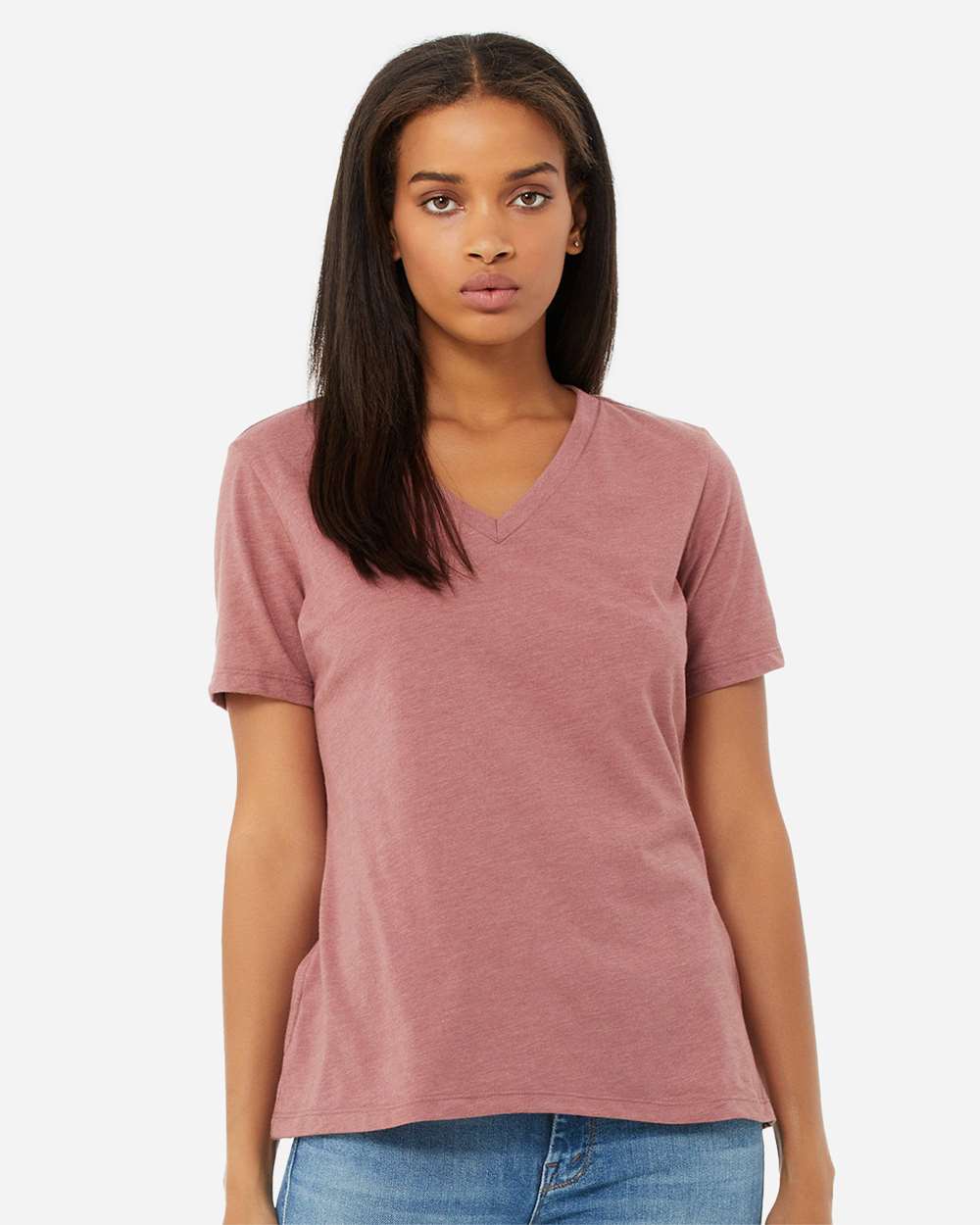 Women's Relaxed Heather CVC V-Neck Tee - OnModelFront - B83006303 - Heather Mauve
