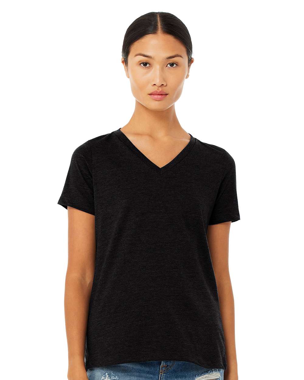 Women's Relaxed Heather CVC V-Neck Tee - OnModelFront - B83006513 - Solid Black Blend