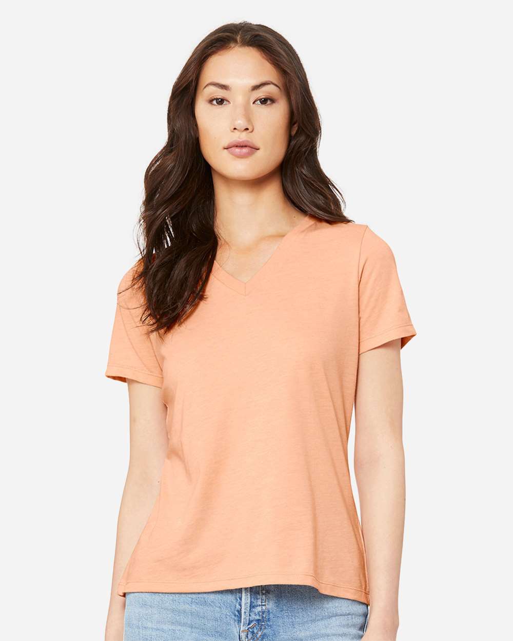 Women's Relaxed Heather CVC V-Neck Tee - OnModelFront - B83006673 - Heather Peach