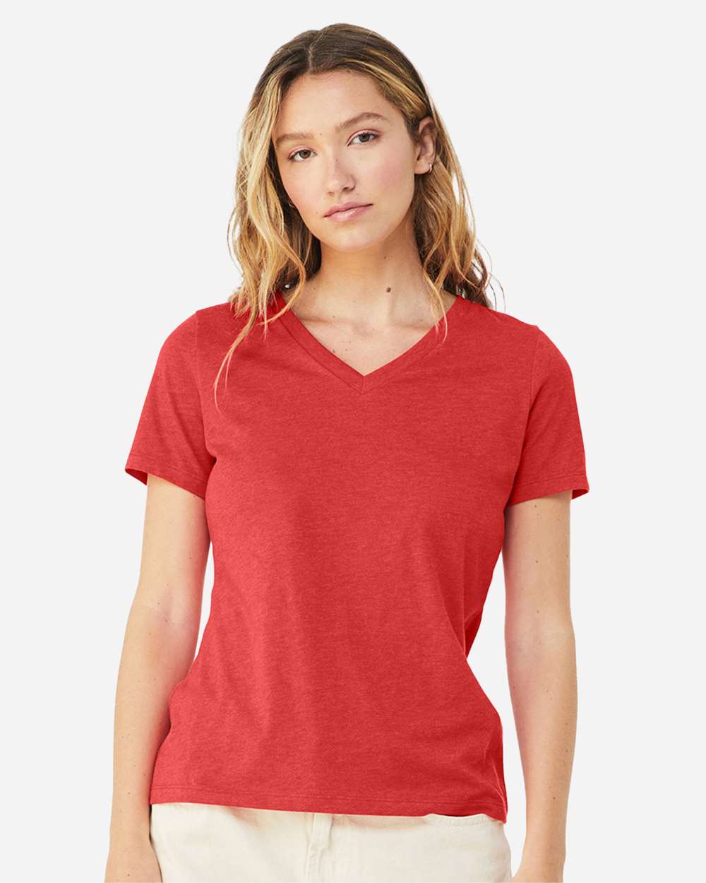 Women's Relaxed Heather CVC V-Neck Tee - OnModelFront - B83006703 - Heather Red