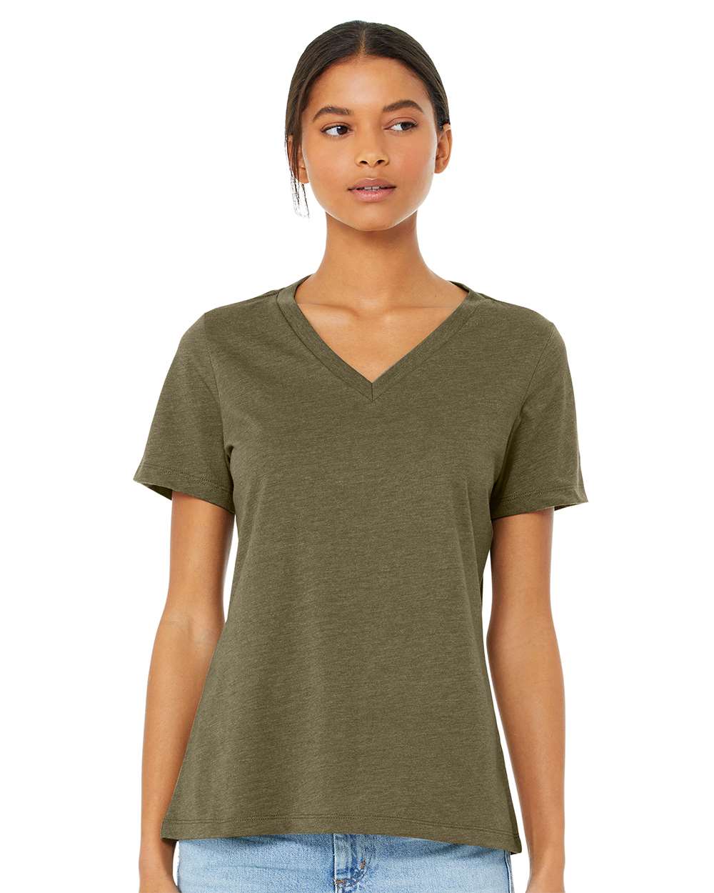 Women's Relaxed Heather CVC V-Neck Tee - OnModelFront - B83006753 - Heather Olive