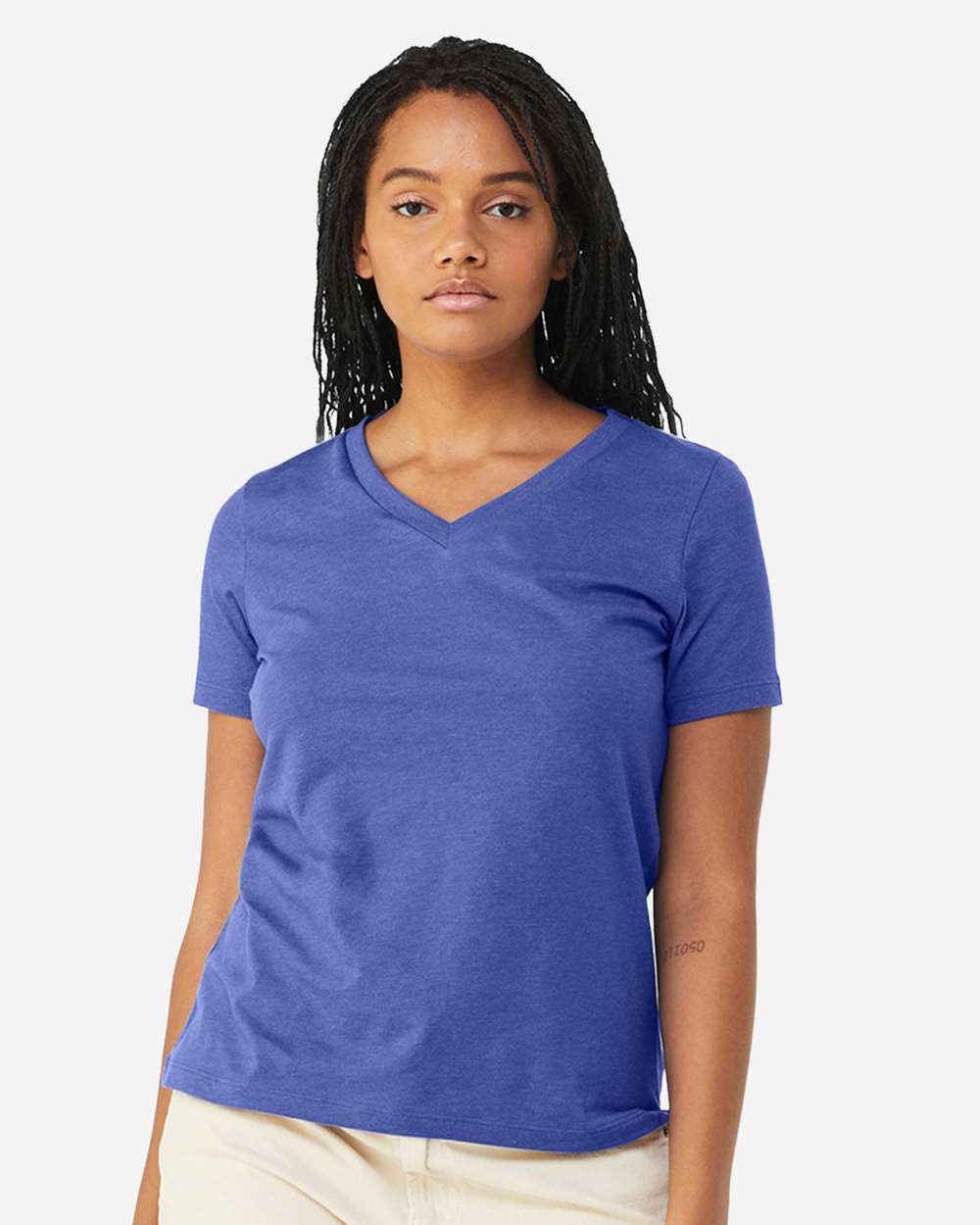 Women's Relaxed Heather CVC V-Neck Tee - OnModelFront - B83006763 - Heather True Royal