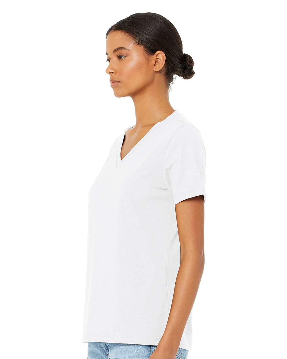 Women's Relaxed Heather CVC V-Neck Tee - OnModelSide - B83006013 - Solid White Blend