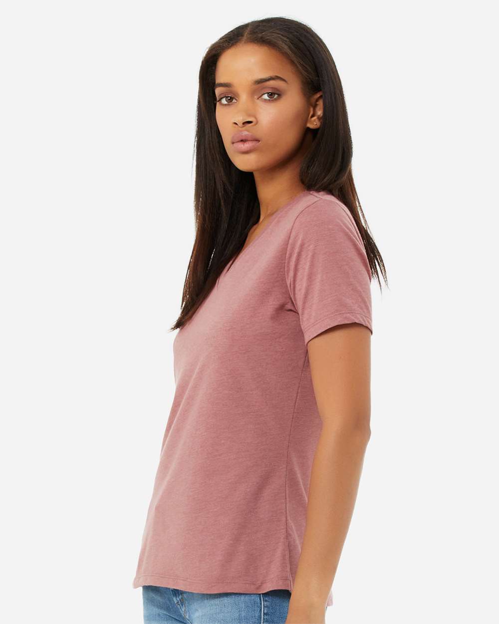 Women's Relaxed Heather CVC V-Neck Tee - OnModelSide - B83006303 - Heather Mauve