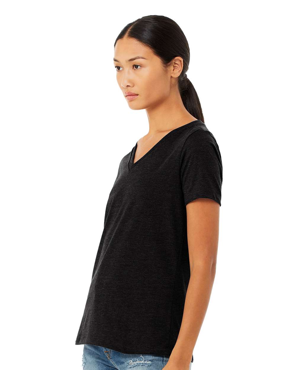 Women's Relaxed Heather CVC V-Neck Tee - OnModelSide - B83006513 - Solid Black Blend