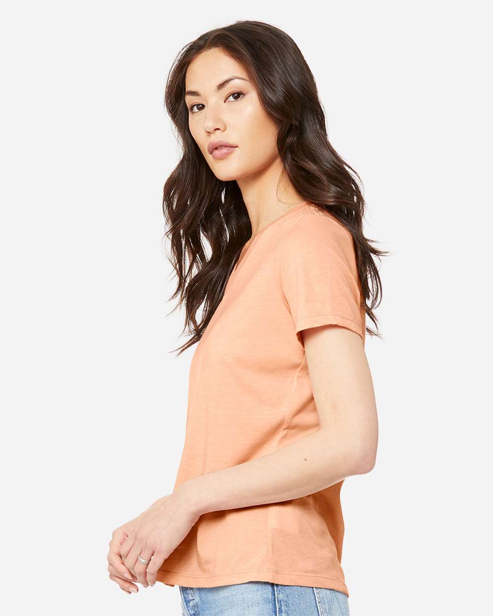 Women's Relaxed Heather CVC V-Neck Tee - OnModelSide - B83006673 - Heather Peach