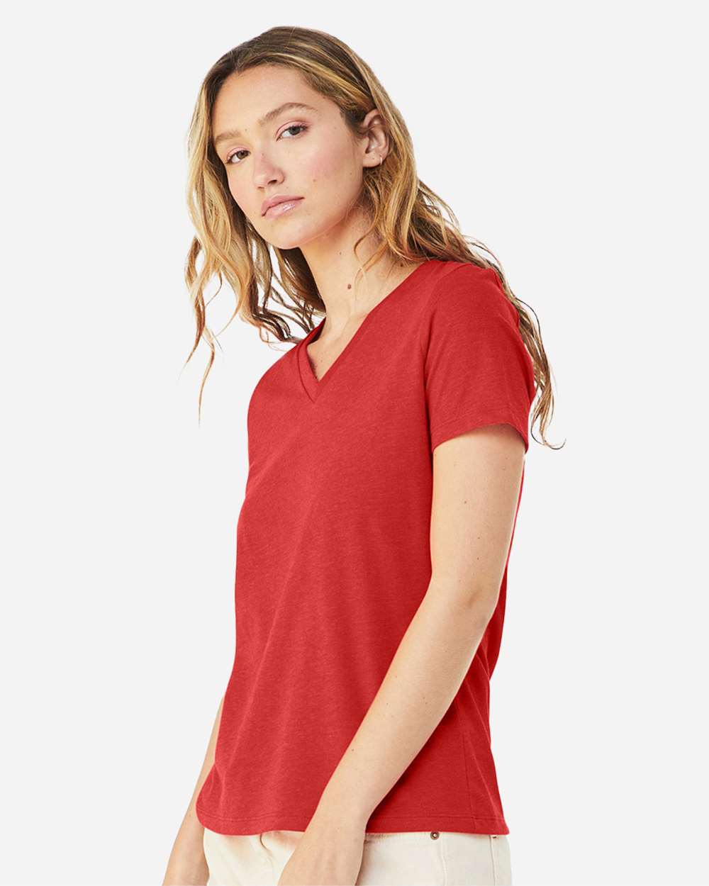Women's Relaxed Heather CVC V-Neck Tee - OnModelSide - B83006703 - Heather Red