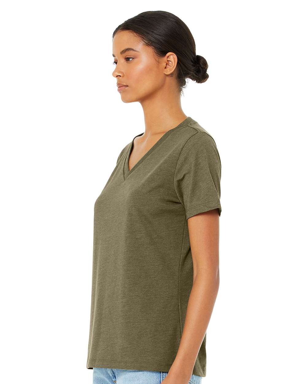 Women's Relaxed Heather CVC V-Neck Tee - OnModelSide - B83006753 - Heather Olive