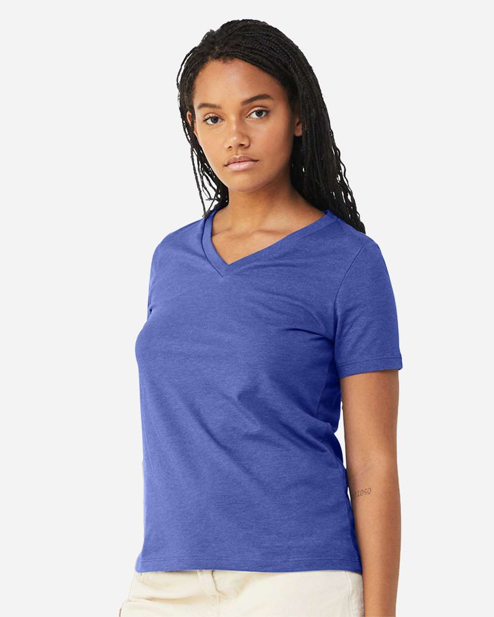 Women's Relaxed Heather CVC V-Neck Tee - OnModelSide - B83006763 - Heather True Royal