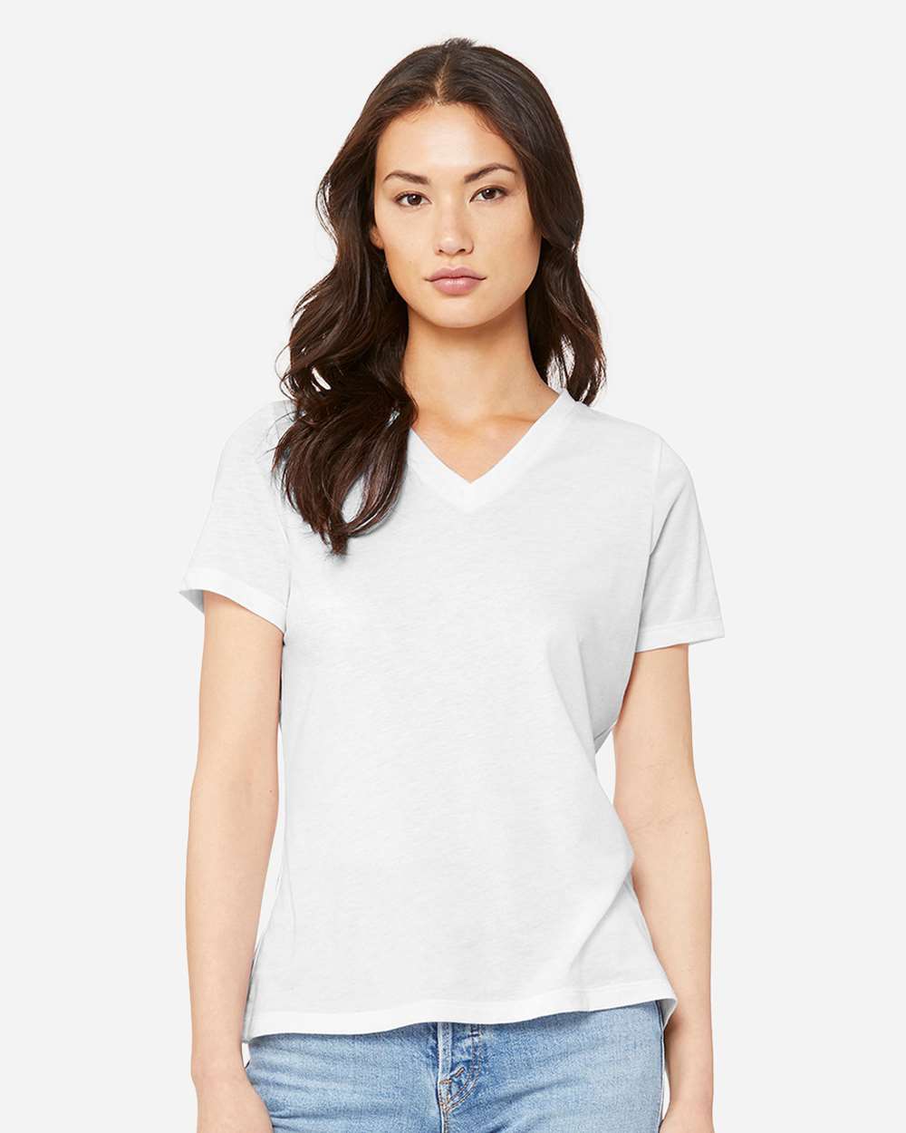 Women's Relaxed Triblend V-Neck Tee - OnModelFront - B81006003 - Solid White Triblend