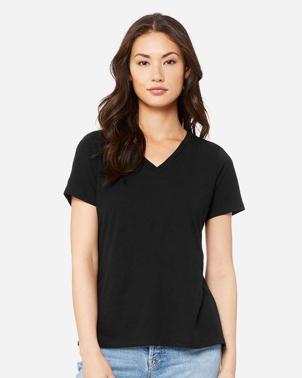 Women's Relaxed Triblend V-Neck Tee - OnModelFront - B81006503 - Solid Black Triblend