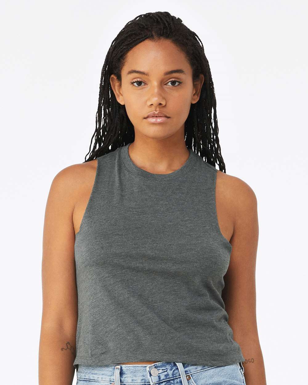 Women's Racerback Crop Tank - OnModelFront - B19206033 - Deep Heather