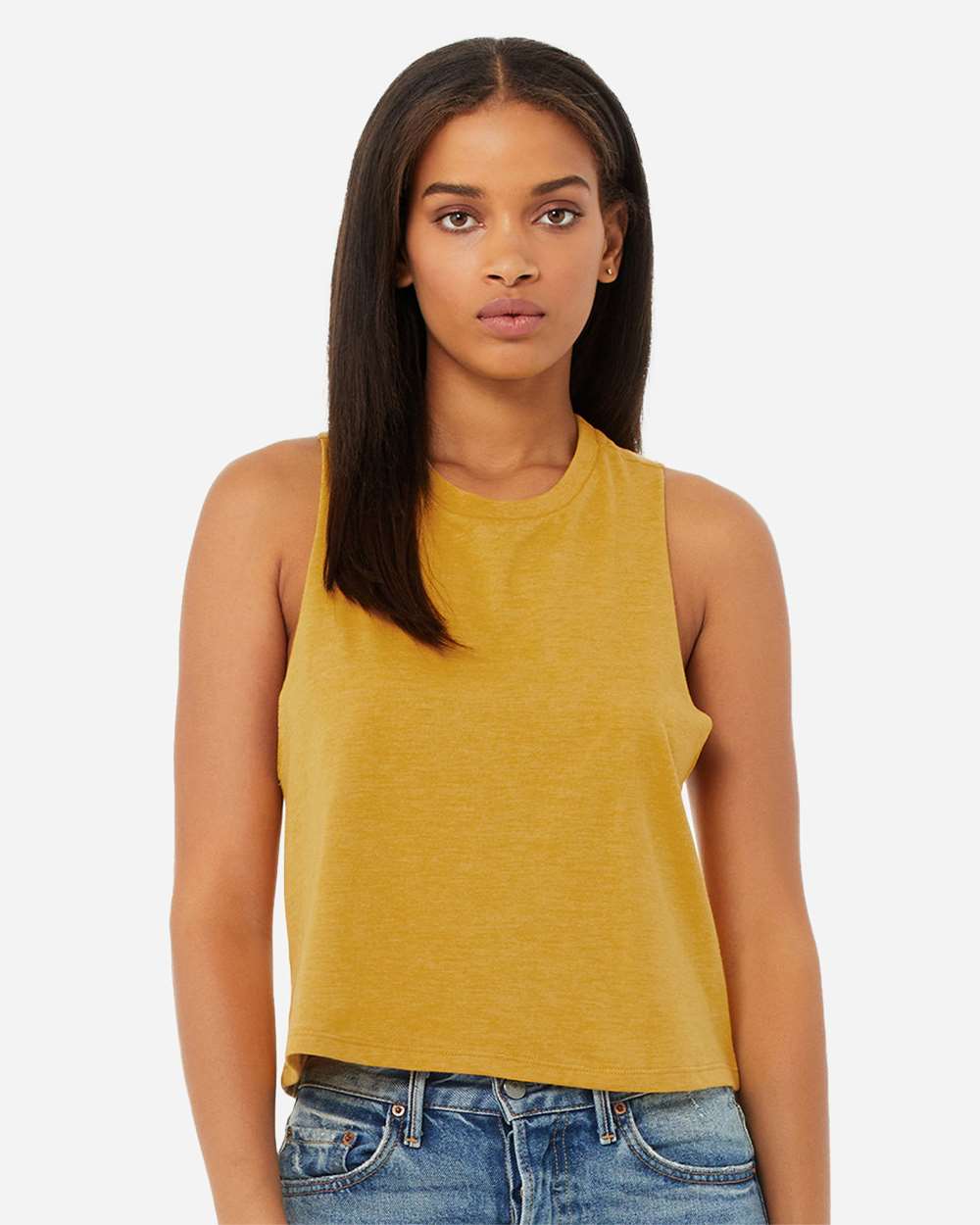 Women's Racerback Crop Tank - OnModelFront - B19206123 - Heather Mustard