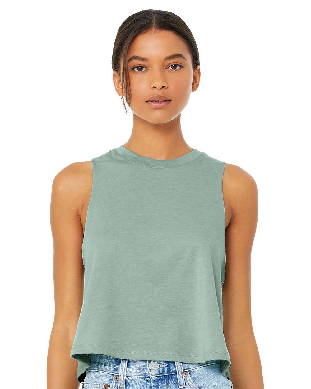 Women's Racerback Crop Tank - OnModelFront - B19206253 - Heather Dusty Blue