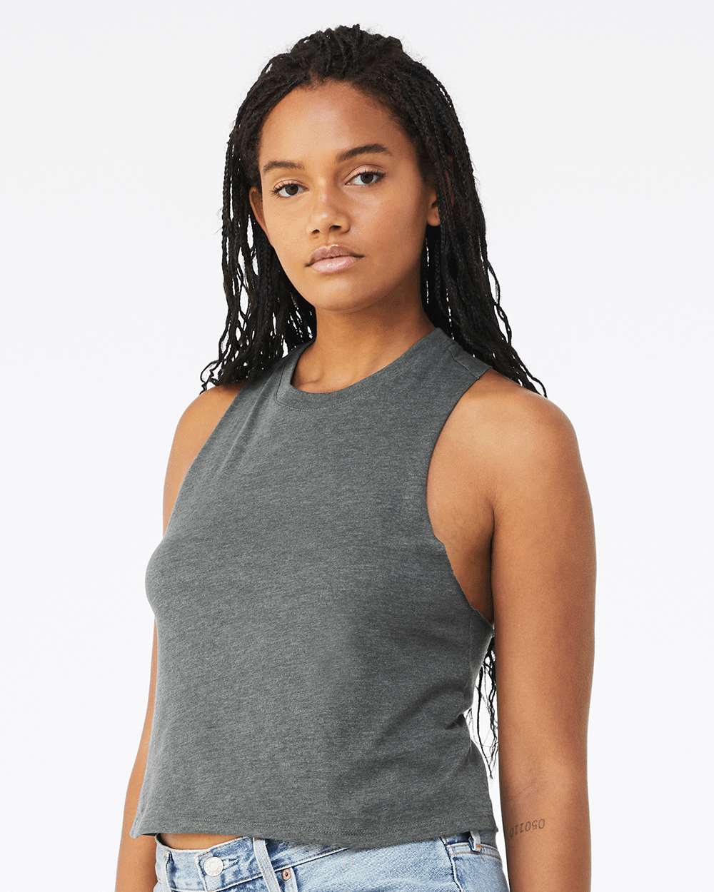 Women's Racerback Crop Tank - OnModelSide - B19206033 - Deep Heather