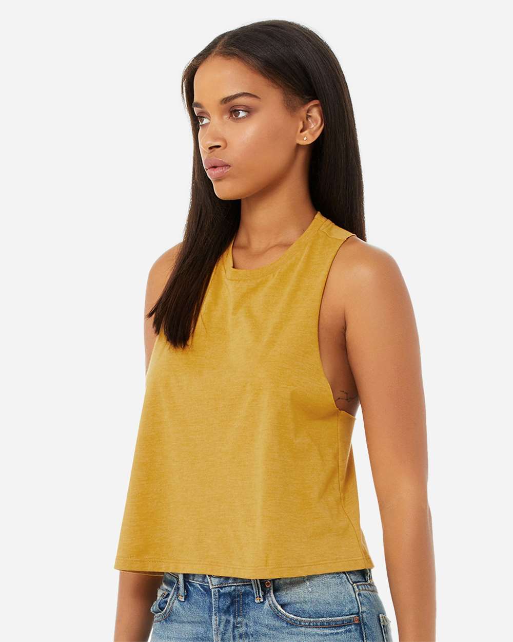 Women's Racerback Crop Tank - OnModelSide - B19206123 - Heather Mustard