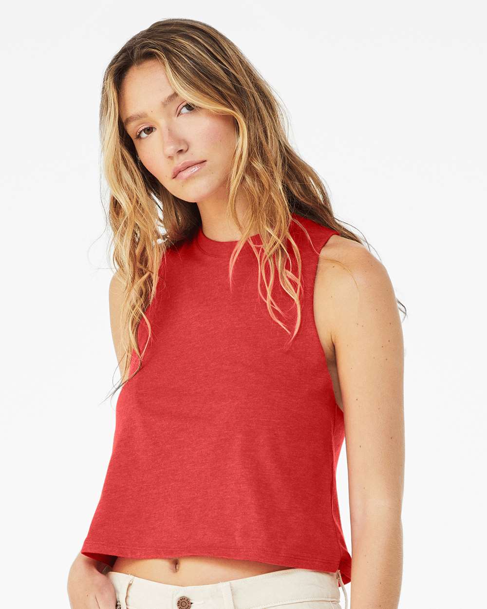 Women's Racerback Crop Tank - OnModelSide - B19206663 - Heather Red