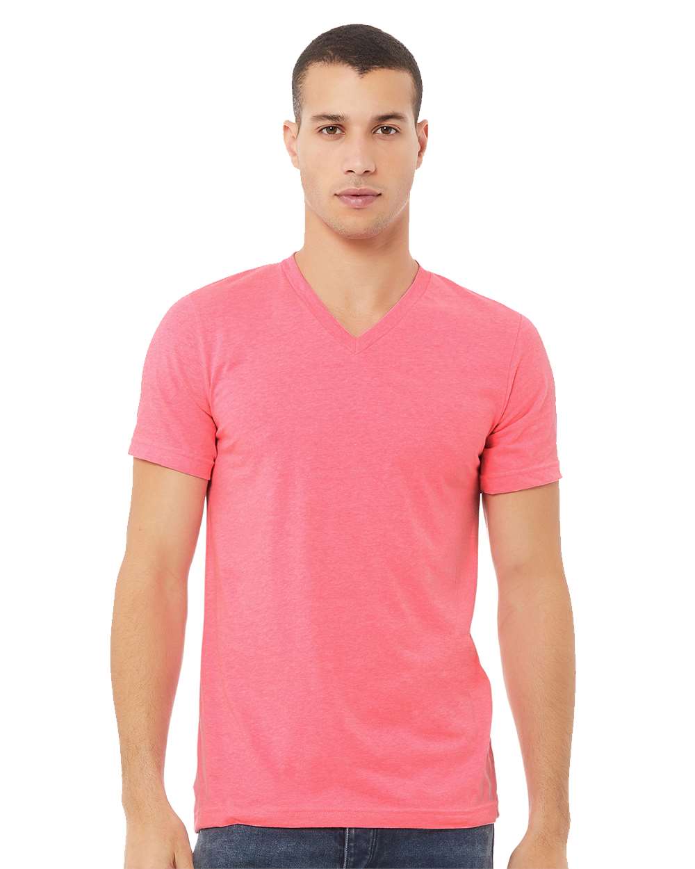 Unisex Heather CVC V-Neck Tee - OnModelFront - B03506142 - Neon Pink