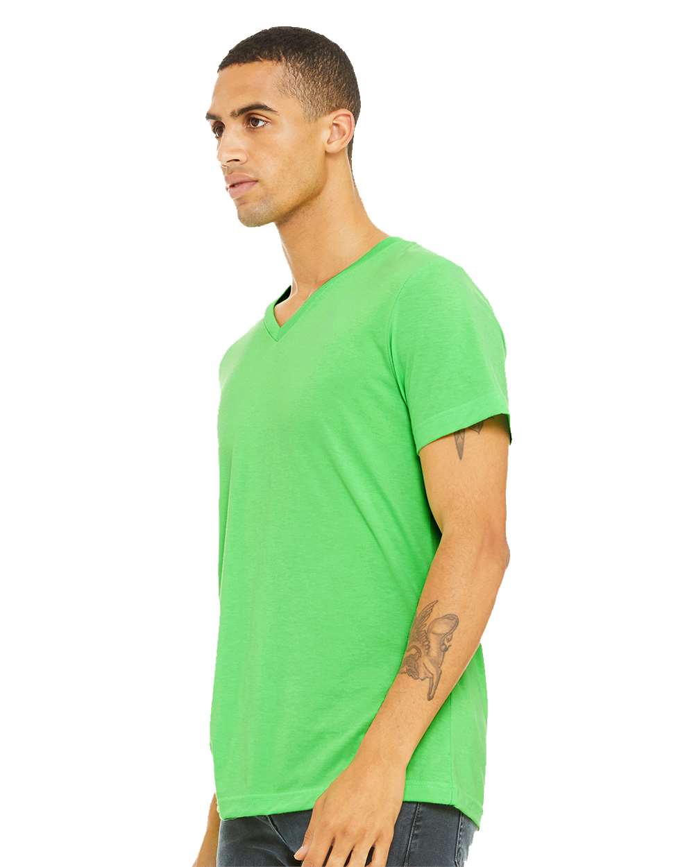 Unisex Heather CVC V-Neck Tee - OnModelSide - B03506162 - Neon Green