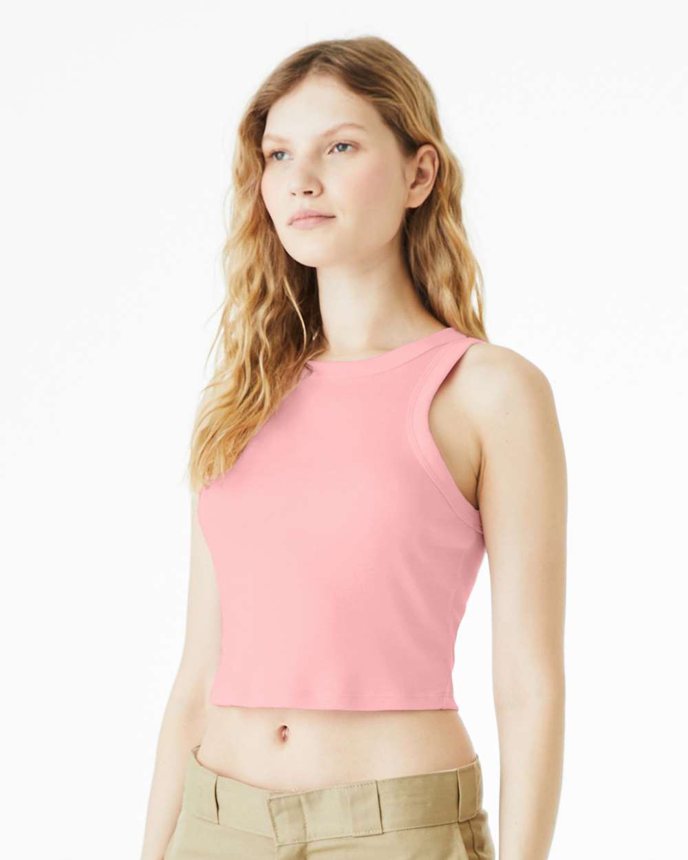 Women's Micro Rib Racer Tank - OnModelSide - B04006302 - Solid Pink Blend