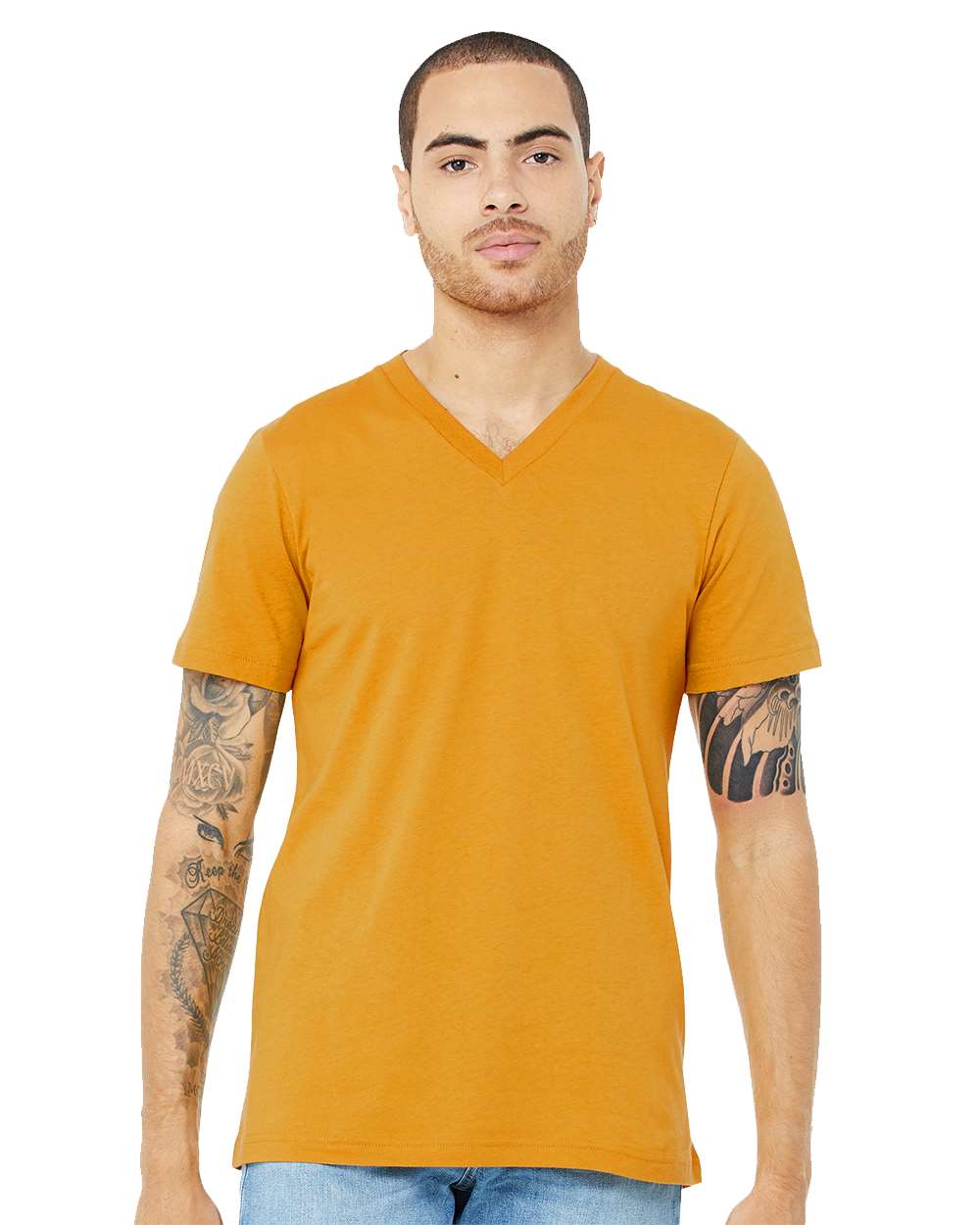 Unisex Jersey V-Neck Tee - OnModelFront - B00306192 - Mustard