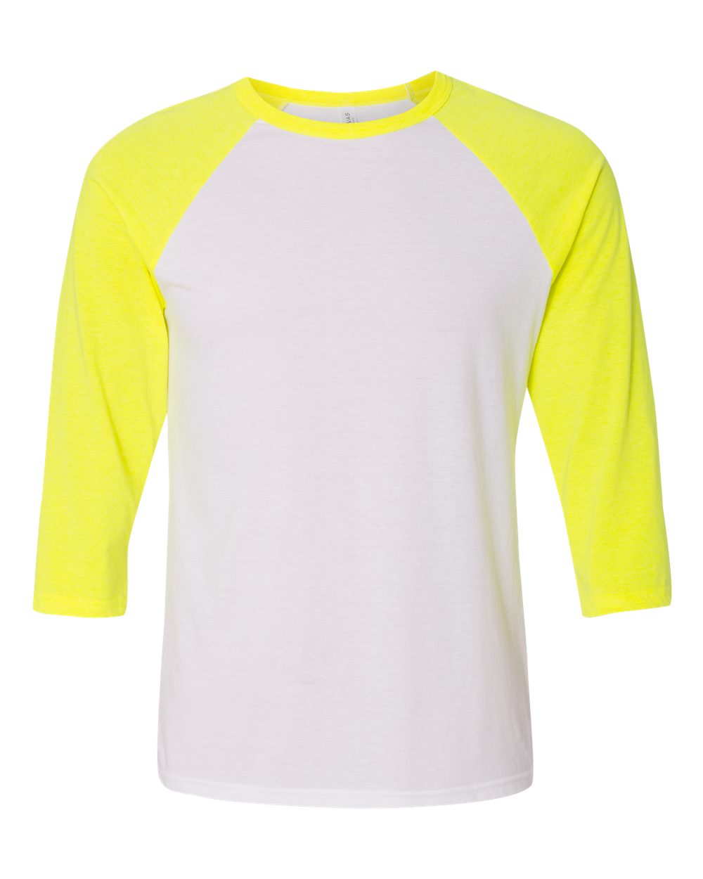 Unisex Three-Quarter Sleeve Baseball Tee - Front - B80106052 - White/ Neon Yellow