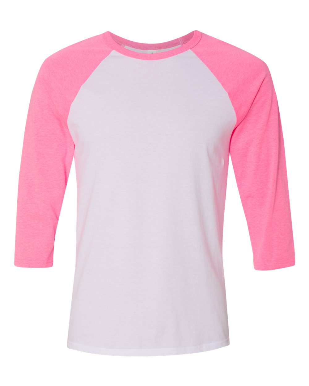 Unisex Three-Quarter Sleeve Baseball Tee - Front - B80106142 - White/ Neon Pink